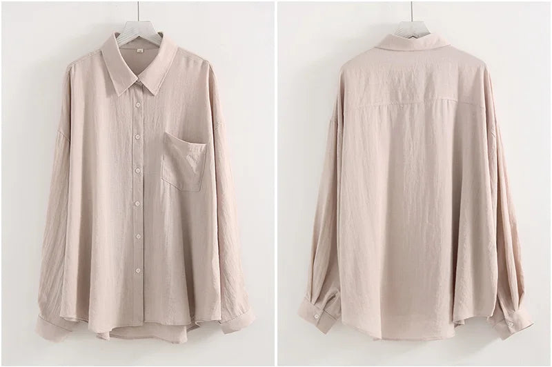 Linen Blue Button Down Shirt For Women Luxury Oversize Tops Summer Long Sleeve Basic Thin Women's White Linen Shirts Ladies Pink