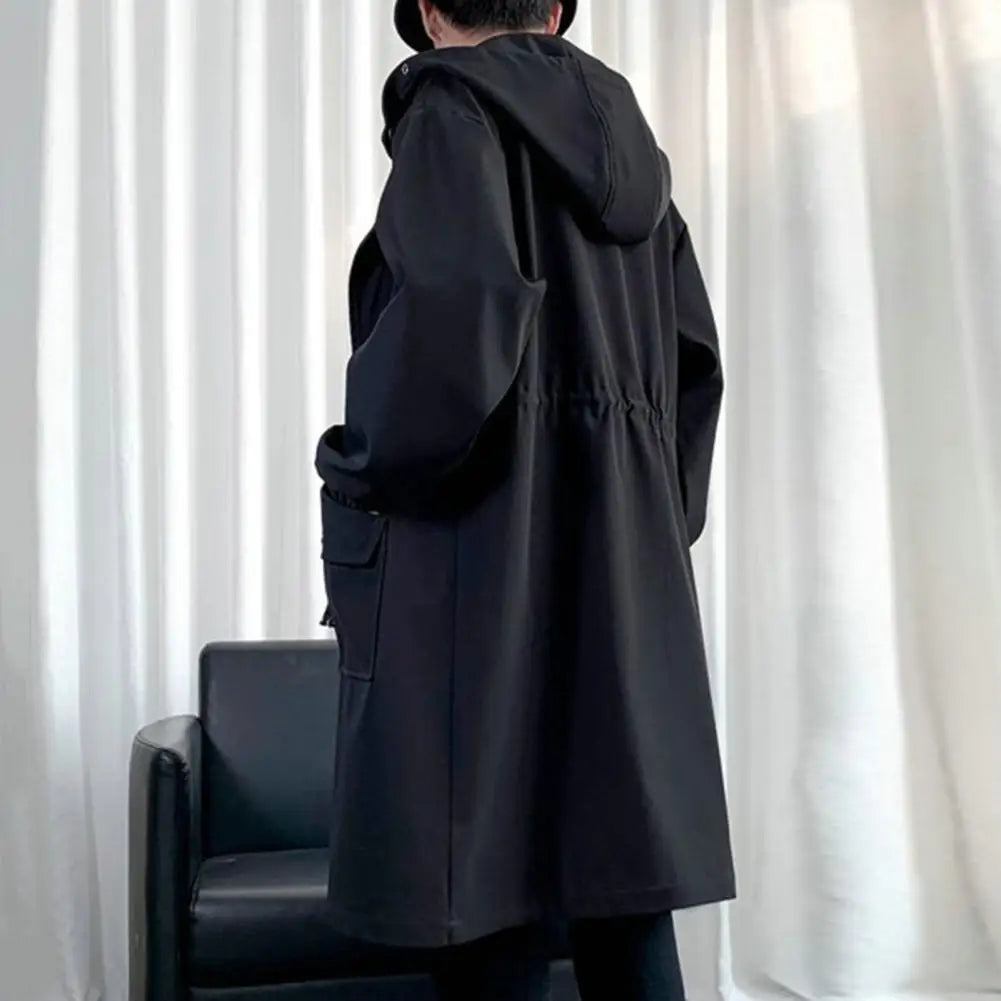 Long Trench Coat Jacket Men Autumn Spring Black Hip Hop Japanese Coats Streetwear Male Hooded Green Khaki Casual Jackets