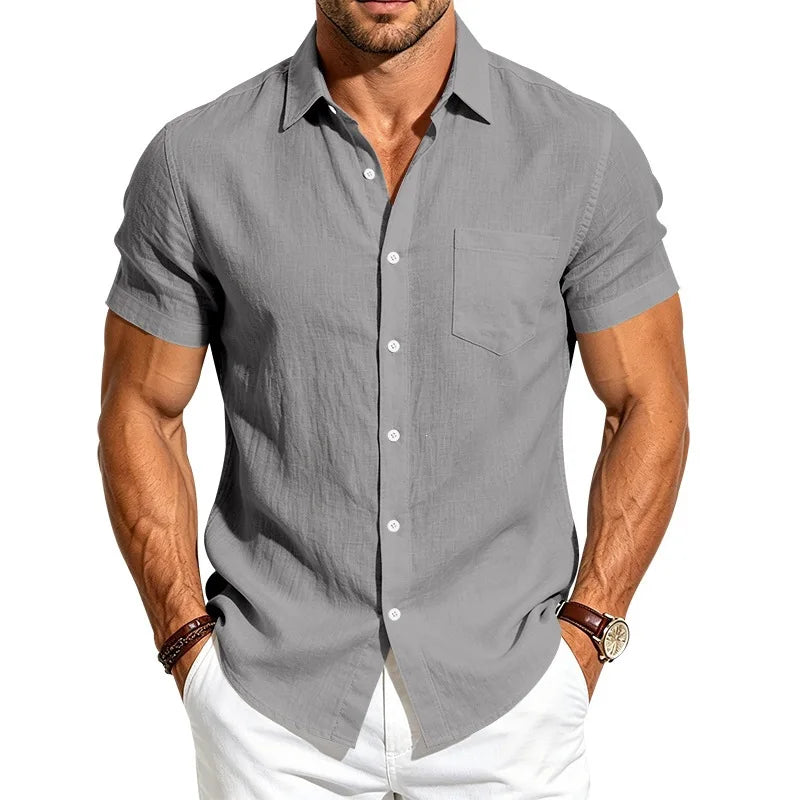European and American Linen Top Men's Retro Casual Short-Sleeved Lapel Loose Beach Button-Up Shirt