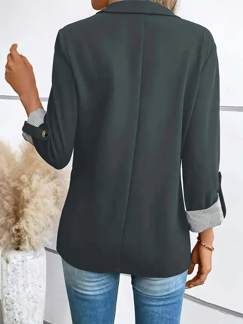 Women's Fashion Black Blazer with Striped Cuff Design Chic Professional Jacket for Casual Wear Slim Fit Long Sleeve Coat
