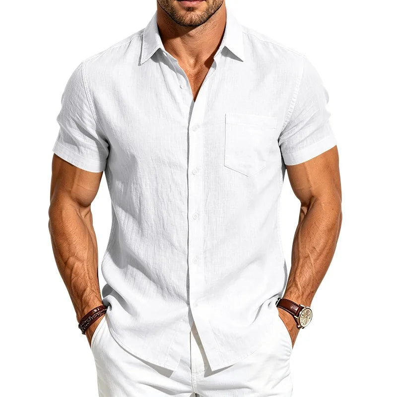 European and American Linen Top Men's Retro Casual Short-Sleeved Lapel Loose Beach Button-Up Shirt