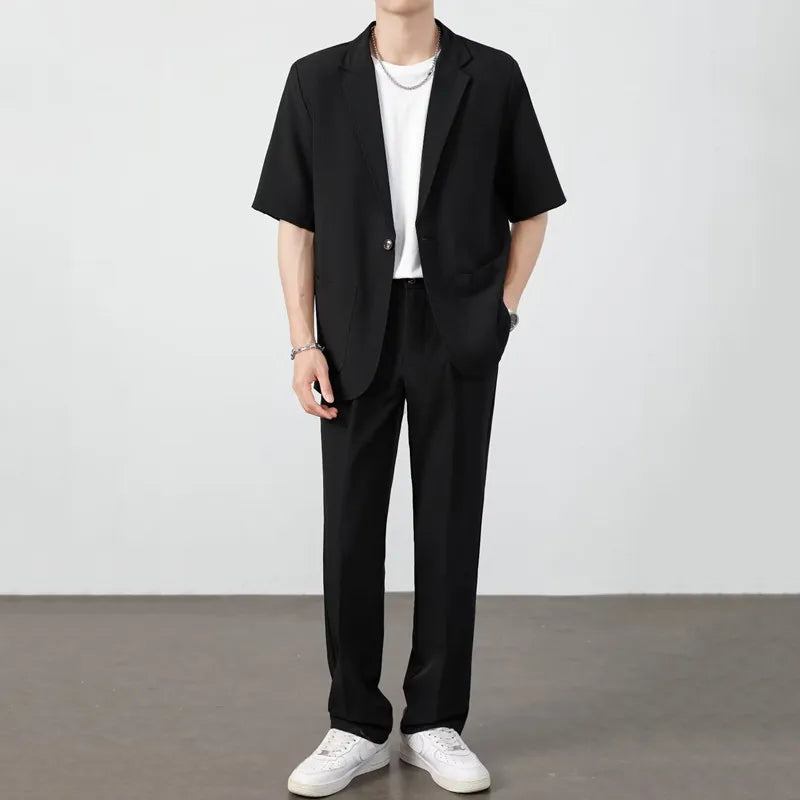 Summer Thin Ice Silk Drapey Suit Set Men's Short Sleeve Jacket Lightweight Casual Single-Breasted Suit Standard Fit Youth Trend