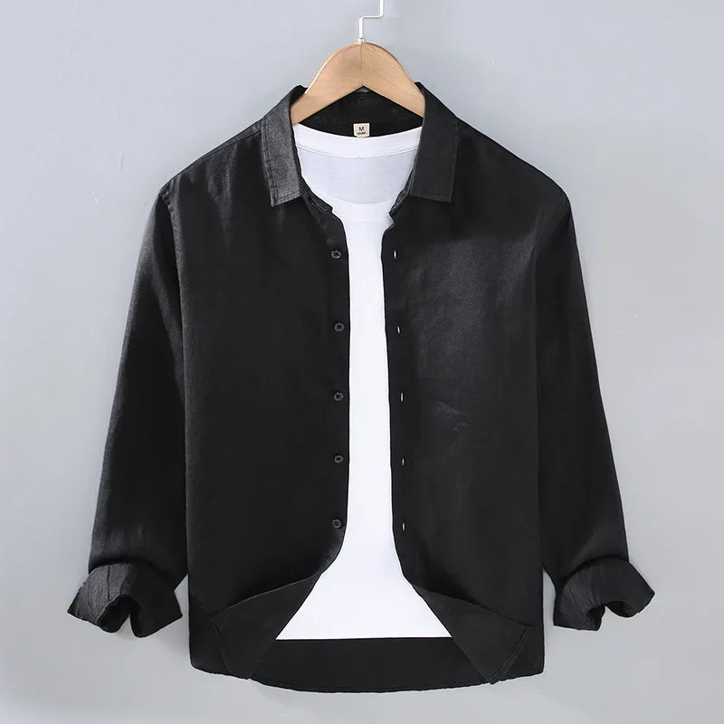100% Linen Long Sleeve Shirt for Men Spring Fall Fashion Good Quality Solid Color Thin Breathable Healthy Lapel Blouse Tops Male