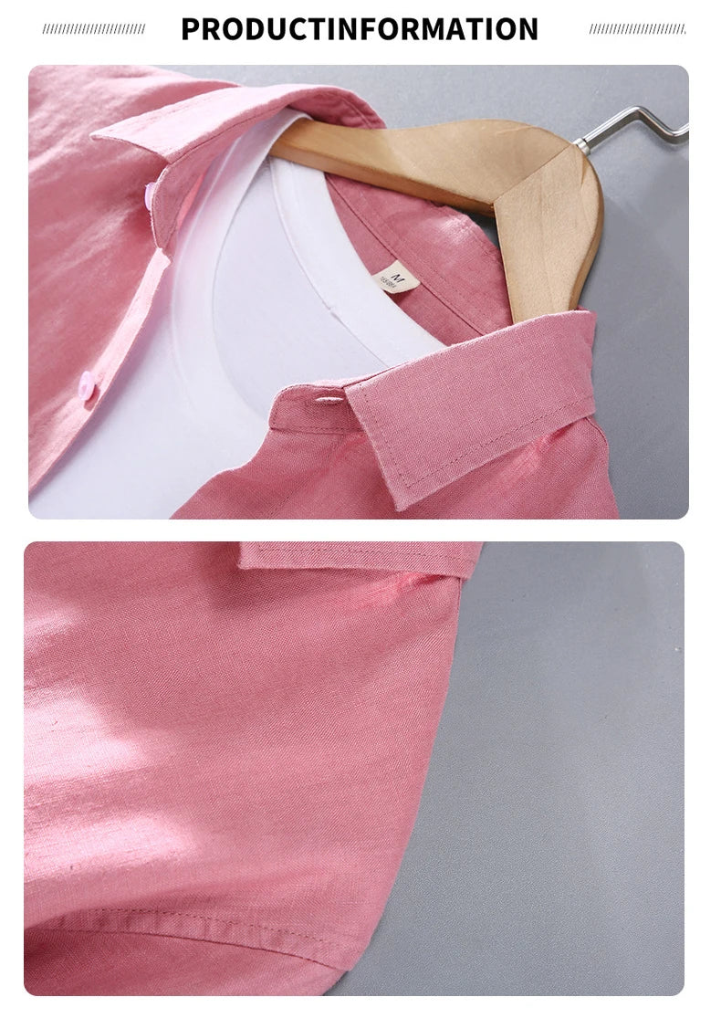 100% Linen Long Sleeve Shirt for Men Spring Fall Fashion Good Quality Solid Color Thin Breathable Healthy Lapel Blouse Tops Male