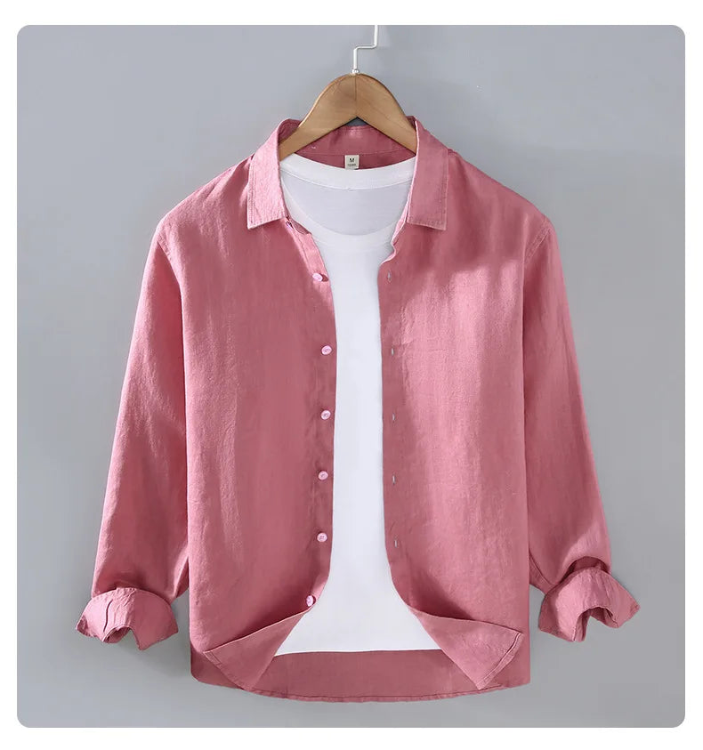 100% Linen Long Sleeve Shirt for Men Spring Fall Fashion Good Quality Solid Color Thin Breathable Healthy Lapel Blouse Tops Male