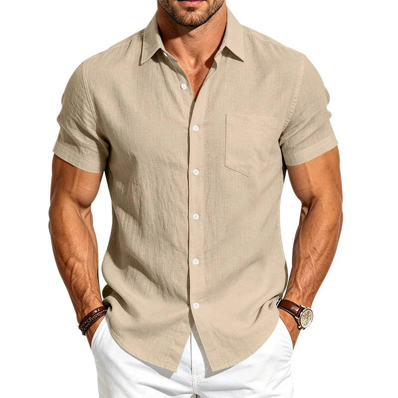 European and American Linen Top Men's Retro Casual Short-Sleeved Lapel Loose Beach Button-Up Shirt