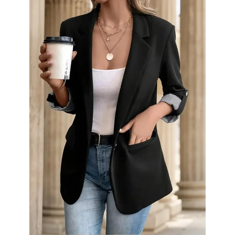 Women's Fashion Black Blazer with Striped Cuff Design Chic Professional Jacket for Casual Wear Slim Fit Long Sleeve Coat