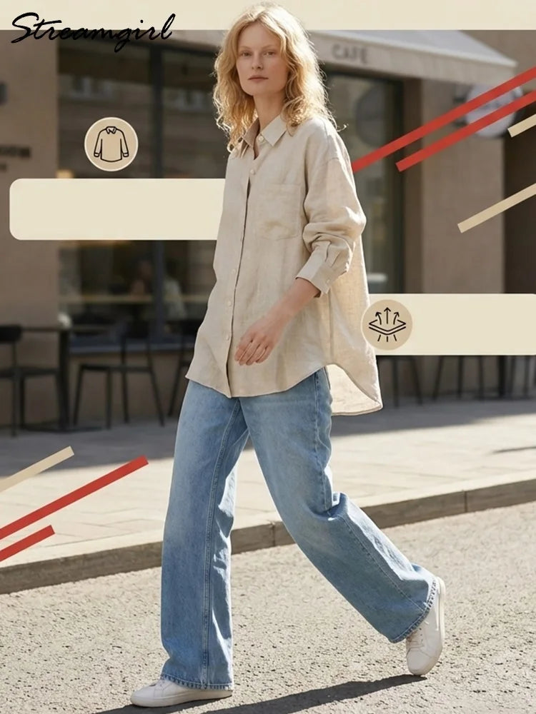 Linen Blue Button Down Shirt For Women Luxury Oversize Tops Summer Long Sleeve Basic Thin Women's White Linen Shirts Ladies Pink