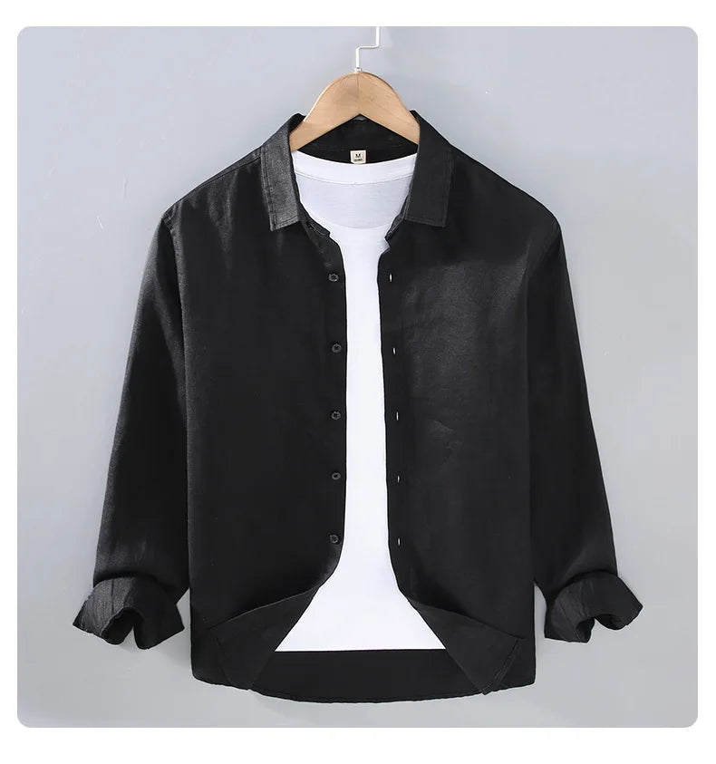 100% Linen Long Sleeve Shirt for Men Spring Fall Fashion Good Quality Solid Color Thin Breathable Healthy Lapel Blouse Tops Male