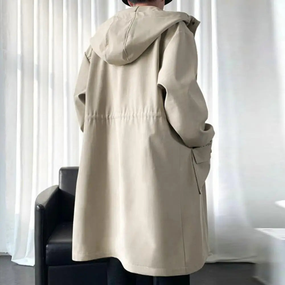 Long Trench Coat Jacket Men Autumn Spring Black Hip Hop Japanese Coats Streetwear Male Hooded Green Khaki Casual Jackets