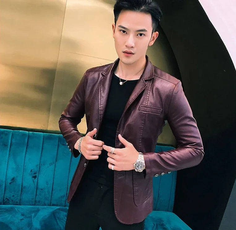 Leather Jacket for Men Thin Coats Slim Fit Spring Autumn Handsome Vintage Man Suits and Blazers Clothing Casual Clothes Original