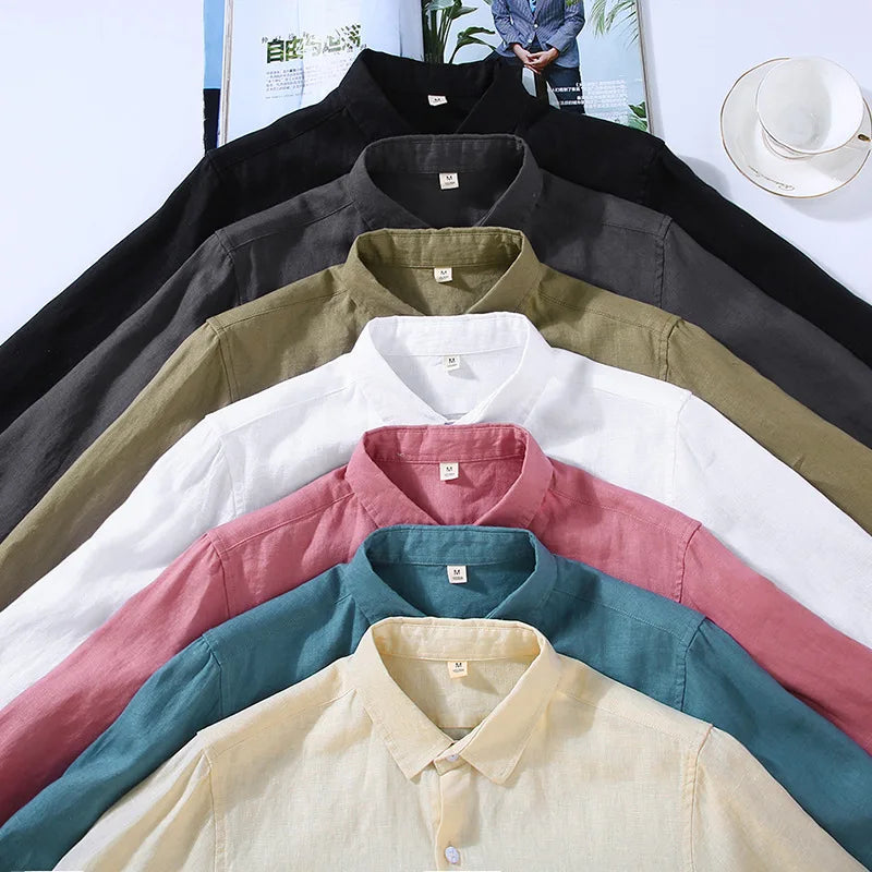 100% Linen Long Sleeve Shirt for Men Spring Fall Fashion Good Quality Solid Color Thin Breathable Healthy Lapel Blouse Tops Male