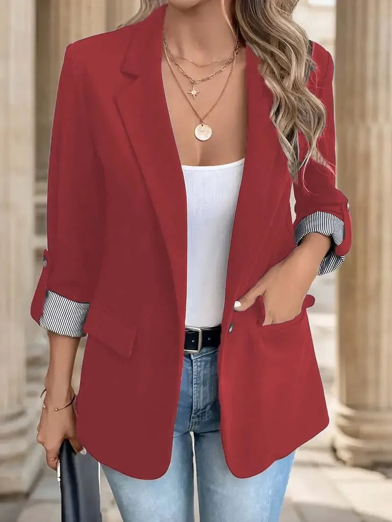 Women's Fashion Black Blazer with Striped Cuff Design Chic Professional Jacket for Casual Wear Slim Fit Long Sleeve Coat