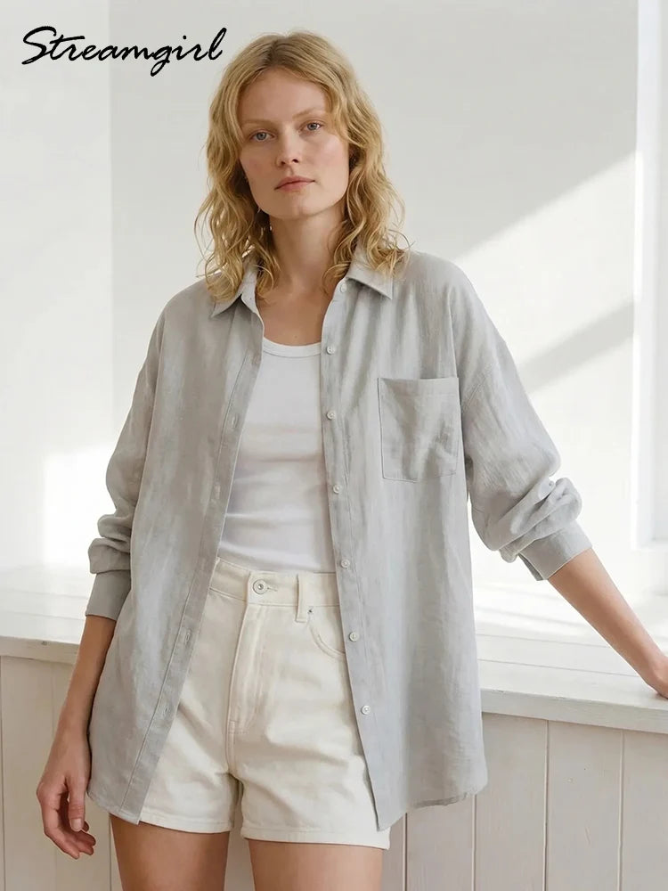 Linen Blue Button Down Shirt For Women Luxury Oversize Tops Summer Long Sleeve Basic Thin Women's White Linen Shirts Ladies Pink