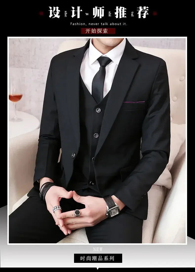 Suit (Blazer+ Vest + Pants) Men's Fashion Casual Outdoor Gentleman Business Wedding Formal Dress British Style Wedding Suit