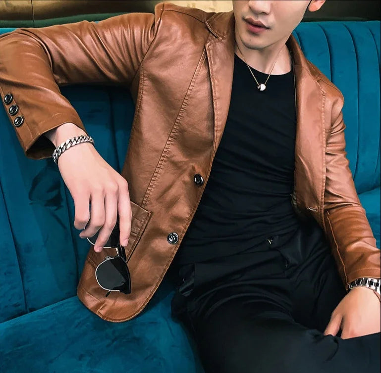 Leather Jacket for Men Thin Coats Slim Fit Spring Autumn Handsome Vintage Man Suits and Blazers Clothing Casual Clothes Original