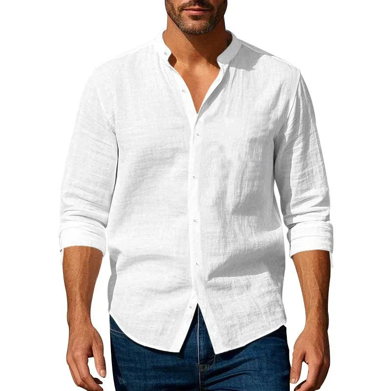 Cotton Linen Shirt for Men Henley Neck Solid Color Lightweight Breathable Single Breasted Slim Fit Casual Long Sleeve Button Top