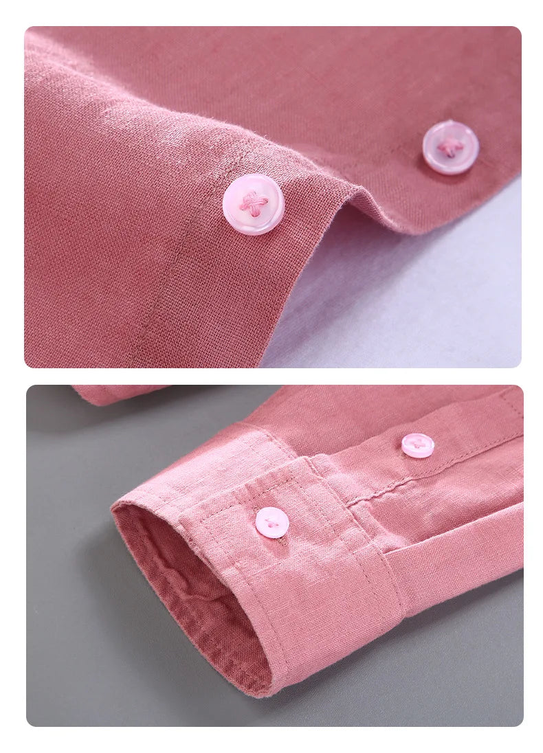 100% Linen Long Sleeve Shirt for Men Spring Fall Fashion Good Quality Solid Color Thin Breathable Healthy Lapel Blouse Tops Male