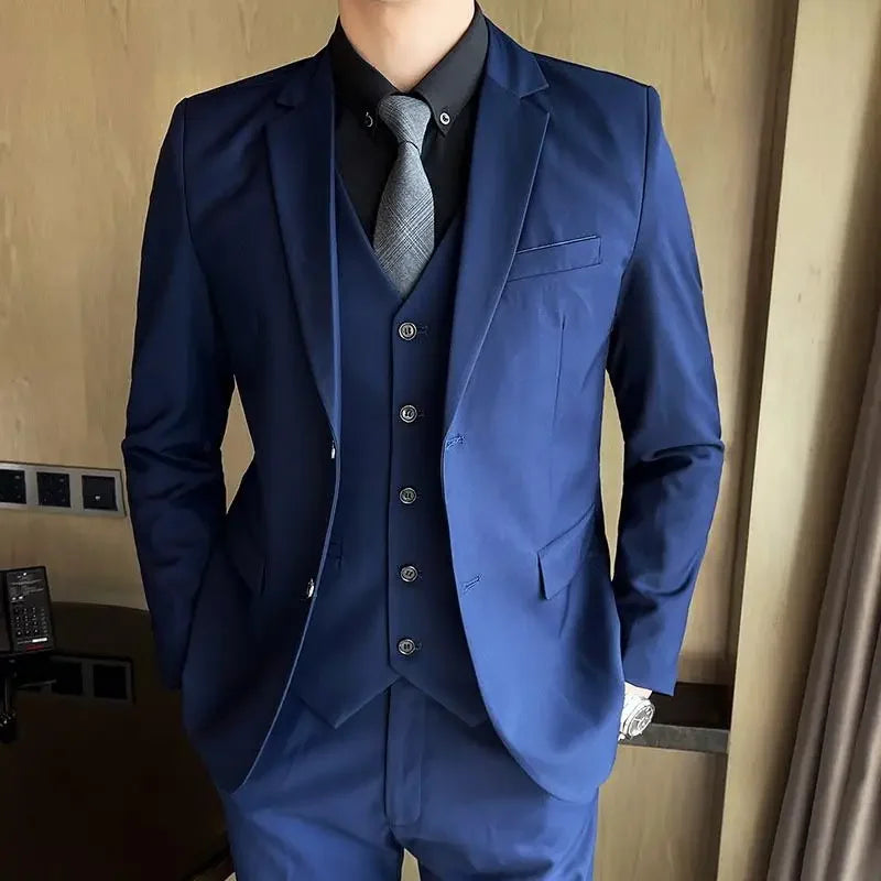 Suit (Blazer+ Vest + Pants) Men's Fashion Casual Outdoor Gentleman Business Wedding Formal Dress British Style Wedding Suit