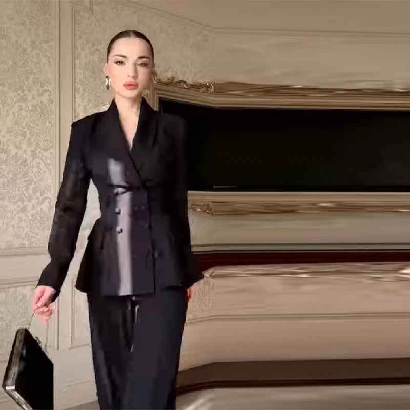 Women's Elegant Beaded Embroidered Blazer Suit Slim Fit Wide Shoulder Top Solid Casual Wide-leg Pants Cozy Two-piece Sets