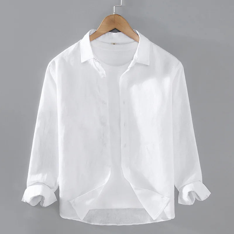 100% Linen Long Sleeve Shirt for Men Spring Fall Fashion Good Quality Solid Color Thin Breathable Healthy Lapel Blouse Tops Male