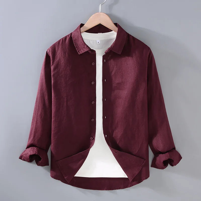 100% Linen Long Sleeve Shirt for Men Spring Fall Fashion Good Quality Solid Color Thin Breathable Healthy Lapel Blouse Tops Male