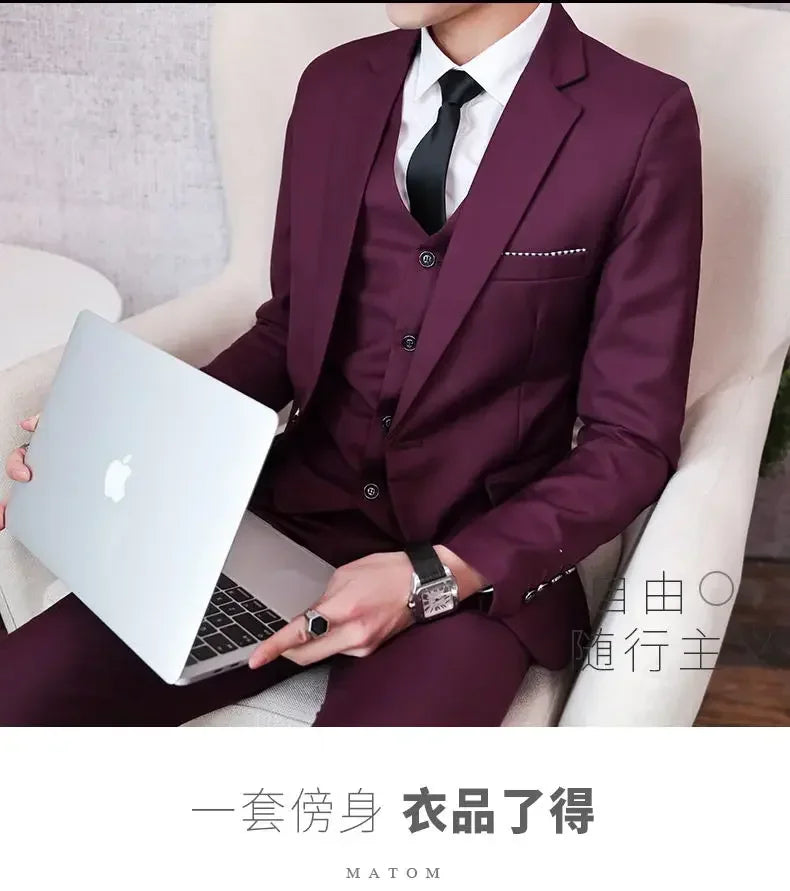 Suit (Blazer+ Vest + Pants) Men's Fashion Casual Outdoor Gentleman Business Wedding Formal Dress British Style Wedding Suit