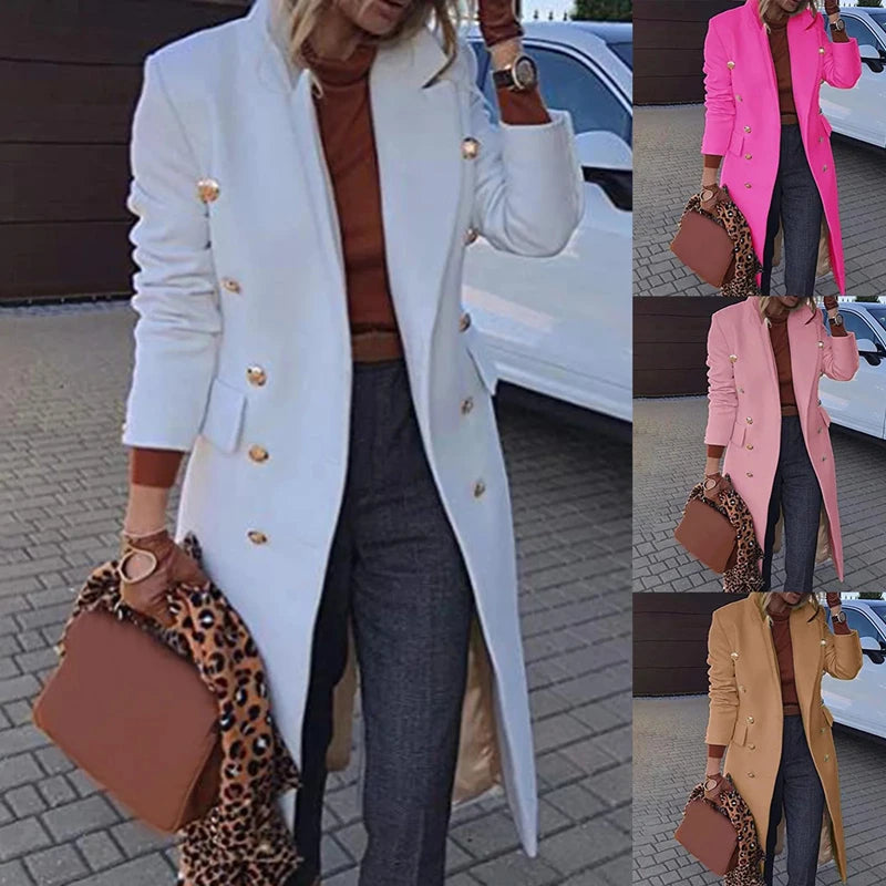 Long Over-Knee Woolen Coat for Women Commute Slimming Tonal Large Coat V-Neck Double Button Pure Color Business Style