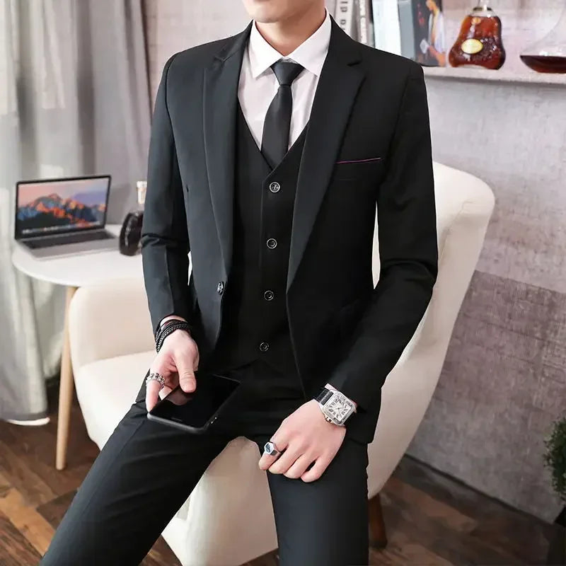 Suit (Blazer+ Vest + Pants) Men's Fashion Casual Outdoor Gentleman Business Wedding Formal Dress British Style Wedding Suit