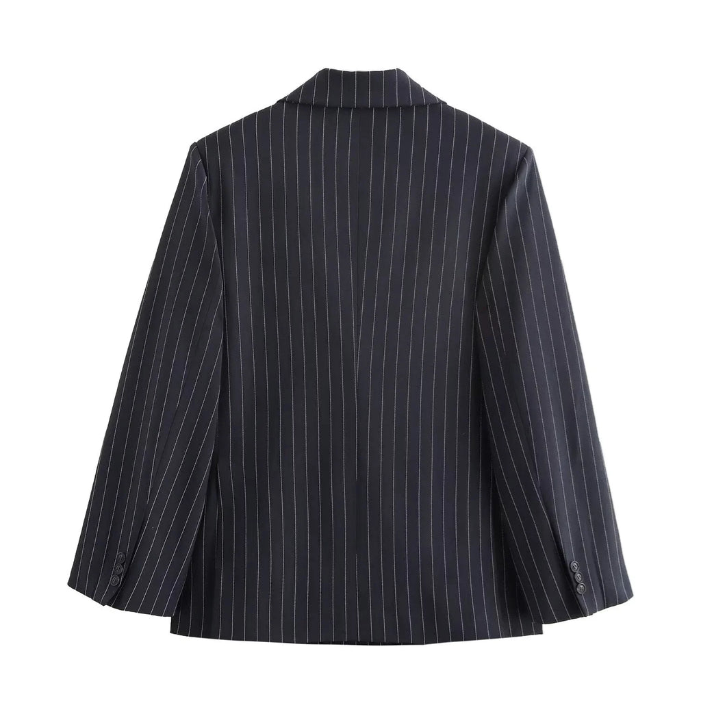 BSAY Blazers for Women Fashion Autumn Winter Loose Fine Stripes Long Sleeve Double-breasted Suits Jacket Chic Female Suit Coat