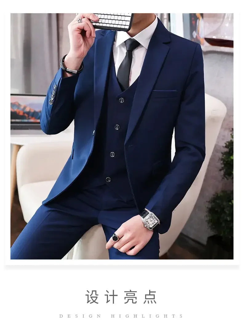 Suit (Blazer+ Vest + Pants) Men's Fashion Casual Outdoor Gentleman Business Wedding Formal Dress British Style Wedding Suit