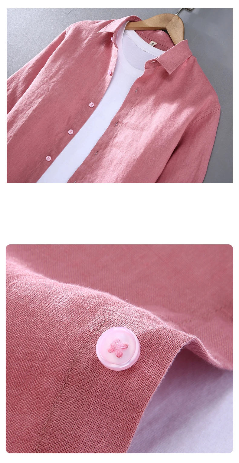 100% Linen Long Sleeve Shirt for Men Spring Fall Fashion Good Quality Solid Color Thin Breathable Healthy Lapel Blouse Tops Male