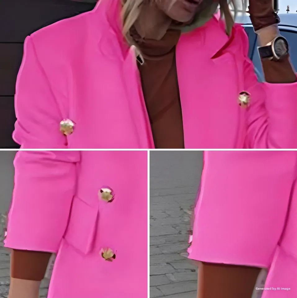 Long Over-Knee Woolen Coat for Women Commute Slimming Tonal Large Coat V-Neck Double Button Pure Color Business Style