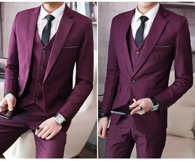 Suit (Blazer+ Vest + Pants) Men's Fashion Casual Outdoor Gentleman Business Wedding Formal Dress British Style Wedding Suit