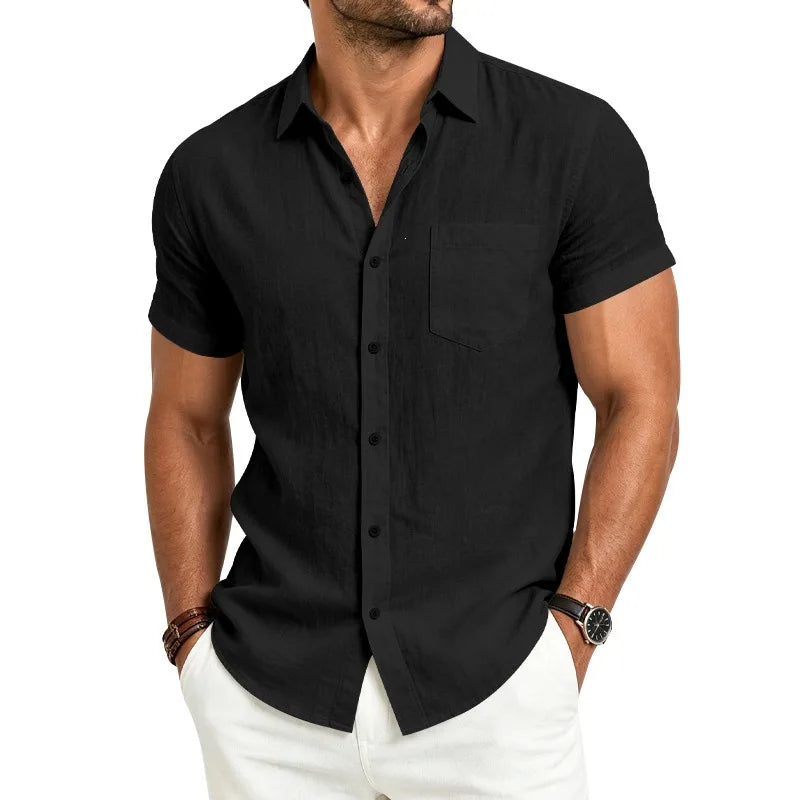 European and American Linen Top Men's Retro Casual Short-Sleeved Lapel Loose Beach Button-Up Shirt