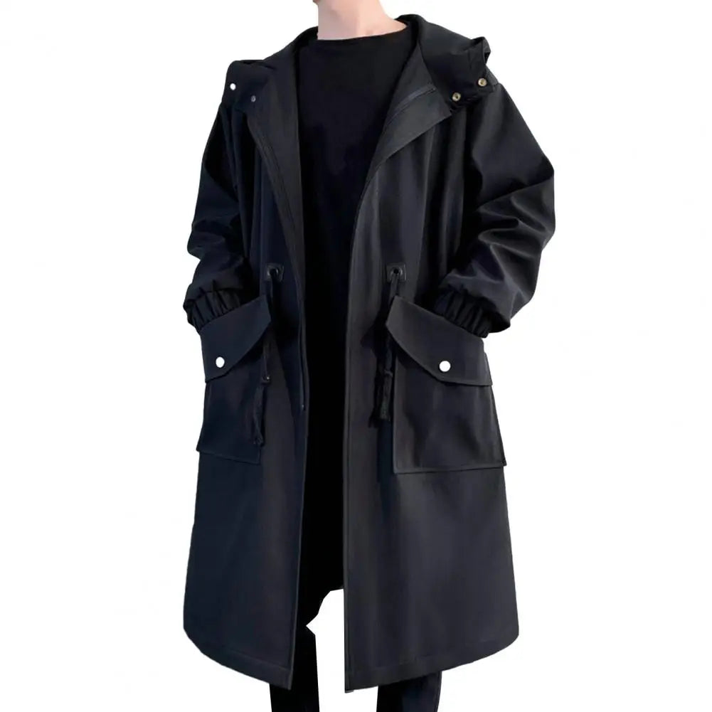 Long Trench Coat Jacket Men Autumn Spring Black Hip Hop Japanese Coats Streetwear Male Hooded Green Khaki Casual Jackets