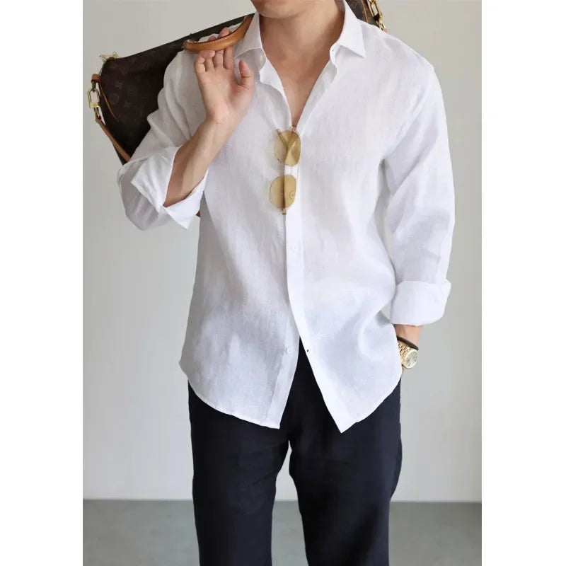 Men's Linen Shirt Cotton Blend Long Sleeve Button Down Casual Loose Fit Summer Breathable Tops Old Money Aesthetic Solid Color