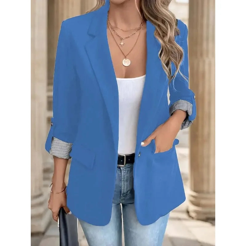 Women's Fashion Black Blazer with Striped Cuff Design Chic Professional Jacket for Casual Wear Slim Fit Long Sleeve Coat