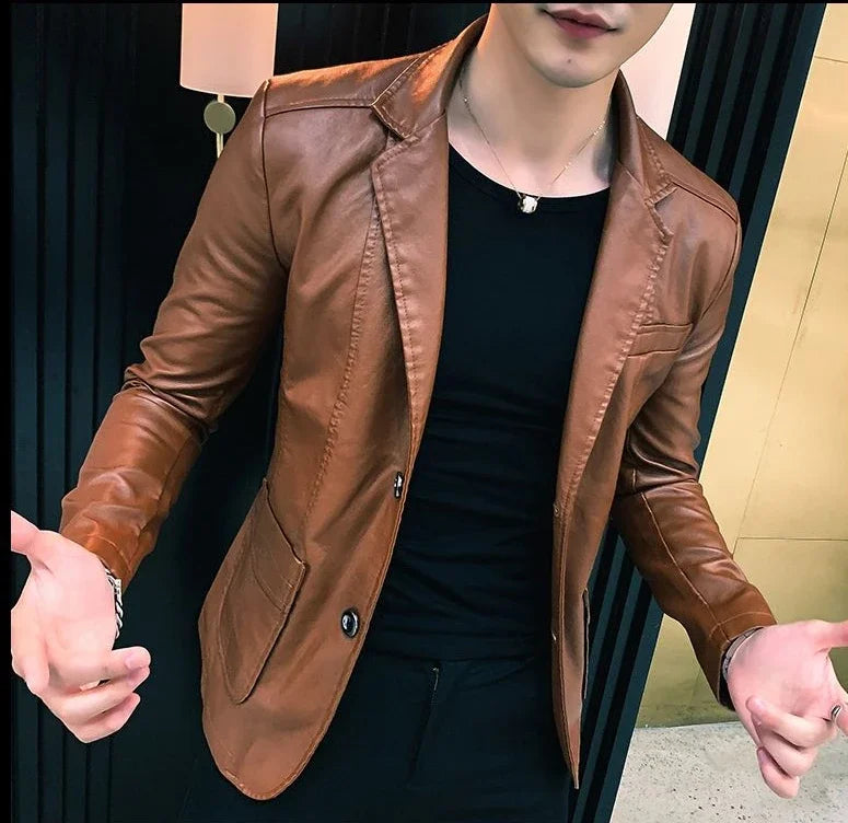 Leather Jacket for Men Thin Coats Slim Fit Spring Autumn Handsome Vintage Man Suits and Blazers Clothing Casual Clothes Original