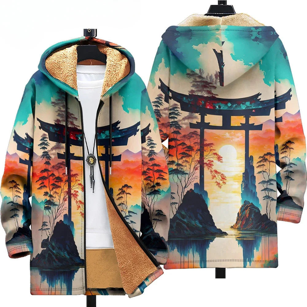 Men Cardigans Coats Wave Art Graphics Printed Japanese Style Plush Thick Winter Jackets Casual Streetwear for Unisex Clothing