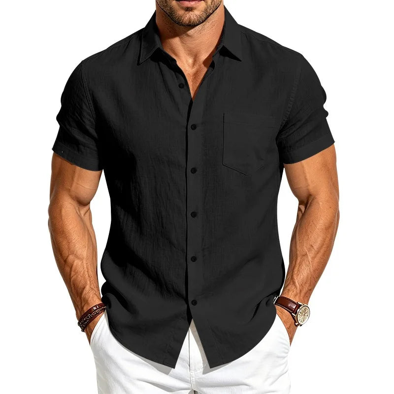 European and American Linen Top Men's Retro Casual Short-Sleeved Lapel Loose Beach Button-Up Shirt