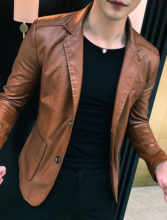 Leather Jacket for Men Thin Coats Slim Fit Spring Autumn Handsome Vintage Man Suits and Blazers Clothing Casual Clothes Original