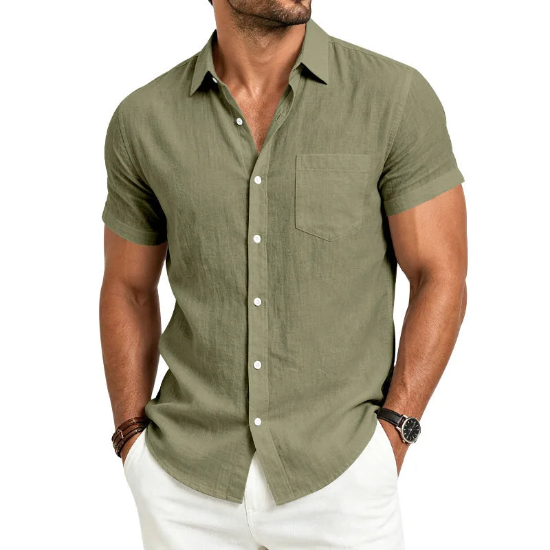 European and American Linen Top Men's Retro Casual Short-Sleeved Lapel Loose Beach Button-Up Shirt