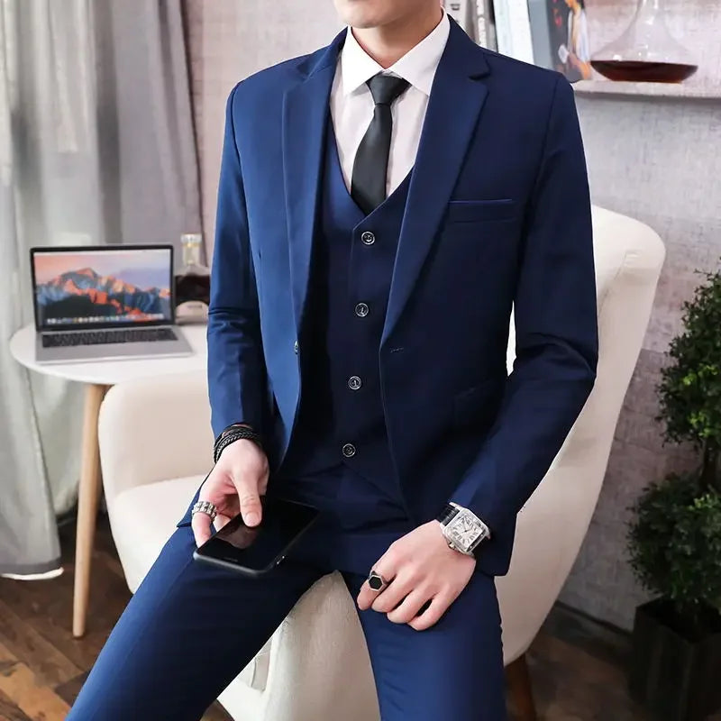 Suit (Blazer+ Vest + Pants) Men's Fashion Casual Outdoor Gentleman Business Wedding Formal Dress British Style Wedding Suit