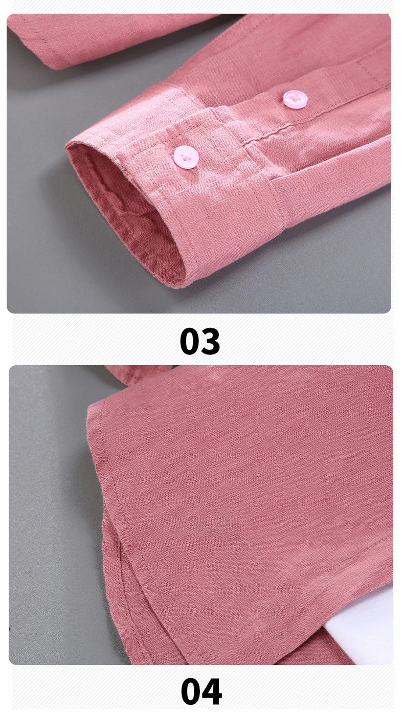 100% Linen Long Sleeve Shirt for Men Spring Fall Fashion Good Quality Solid Color Thin Breathable Healthy Lapel Blouse Tops Male