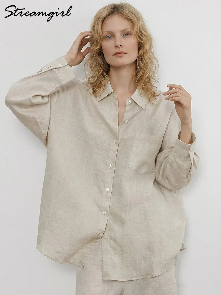 Linen Blue Button Down Shirt For Women Luxury Oversize Tops Summer Long Sleeve Basic Thin Women's White Linen Shirts Ladies Pink