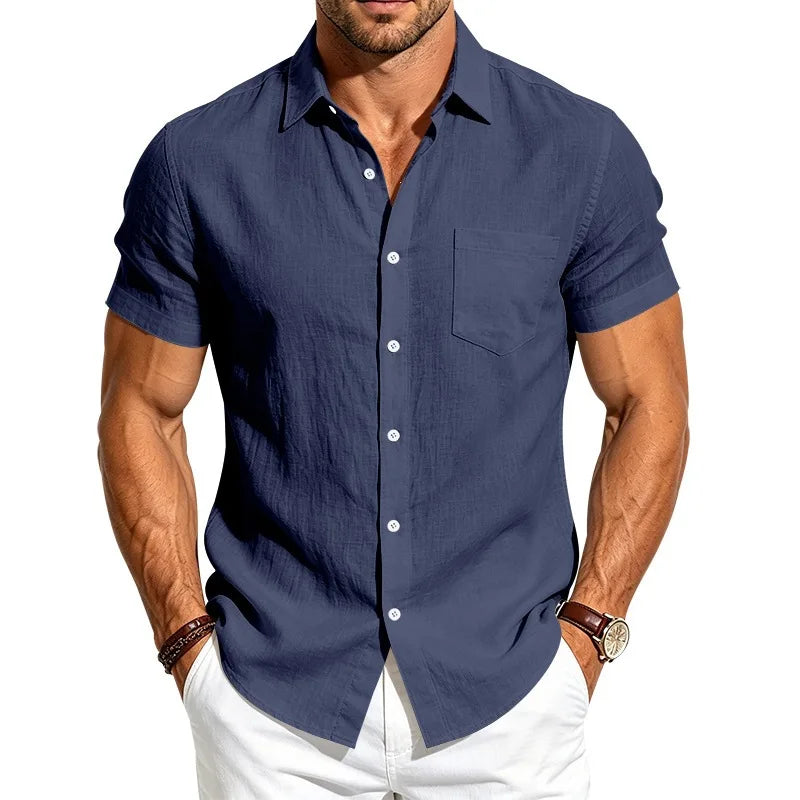 European and American Linen Top Men's Retro Casual Short-Sleeved Lapel Loose Beach Button-Up Shirt