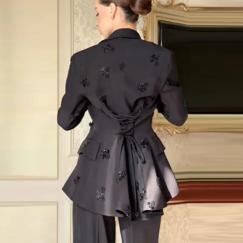 Women's Elegant Beaded Embroidered Blazer Suit Slim Fit Wide Shoulder Top Solid Casual Wide-leg Pants Cozy Two-piece Sets