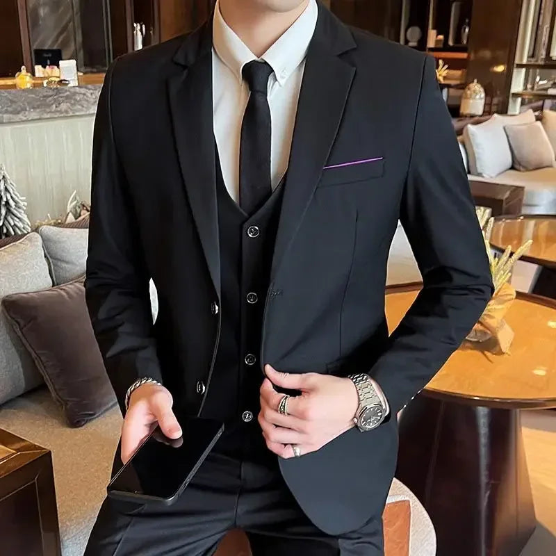 Suit (Blazer+ Vest + Pants) Men's Fashion Casual Outdoor Gentleman Business Wedding Formal Dress British Style Wedding Suit