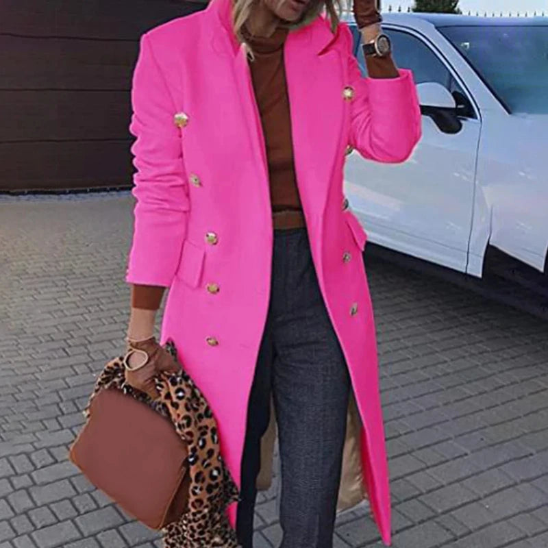 Long Over-Knee Woolen Coat for Women Commute Slimming Tonal Large Coat V-Neck Double Button Pure Color Business Style